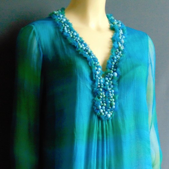 Dana Buchman Silk Aqua Beaded Tunic Dress 12 - Picture 2 of 7